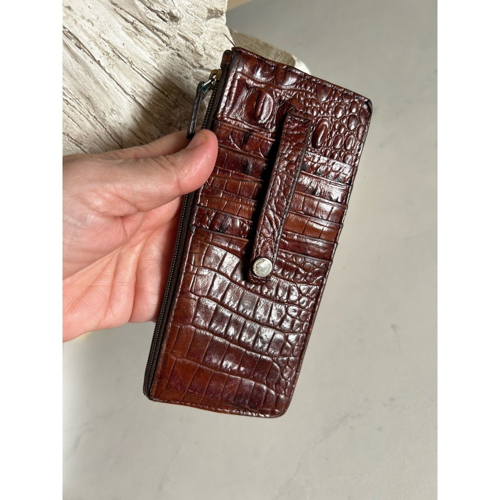 $95 Brahmin Melbourne collection croc-embossed leather credit card wallet Brown